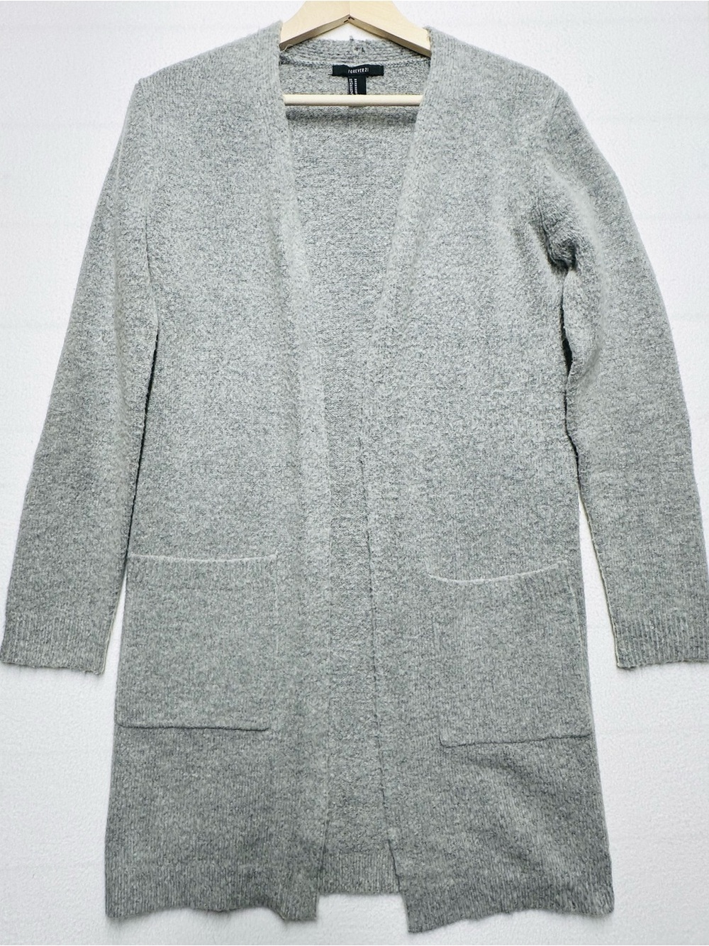Forever 21 Women’s Medium Gray Longline Open Front Cardigan Sweater Pockets